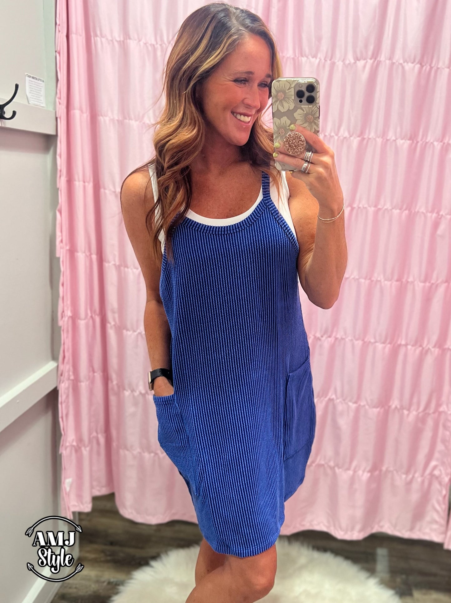 Wave Ribbed Tank Dress - Royal Blue