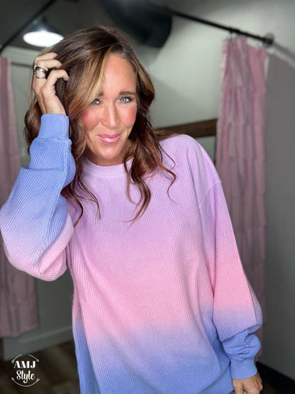 Luxe Ombre Corded Crew Sweatshirt - Cotton Candy
