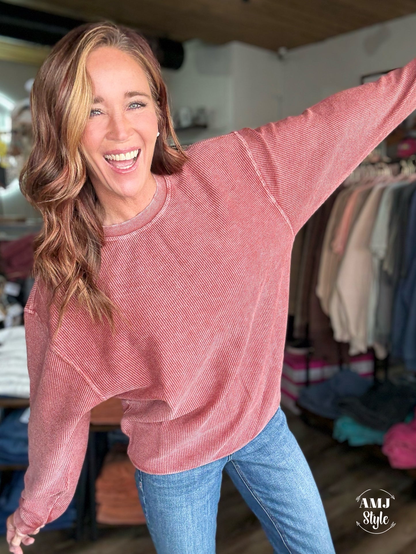 Luxe Corded Crew Sweatshirt - Fired Brick