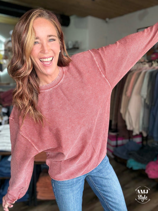 Luxe Corded Crew Sweatshirt - Fired Brick