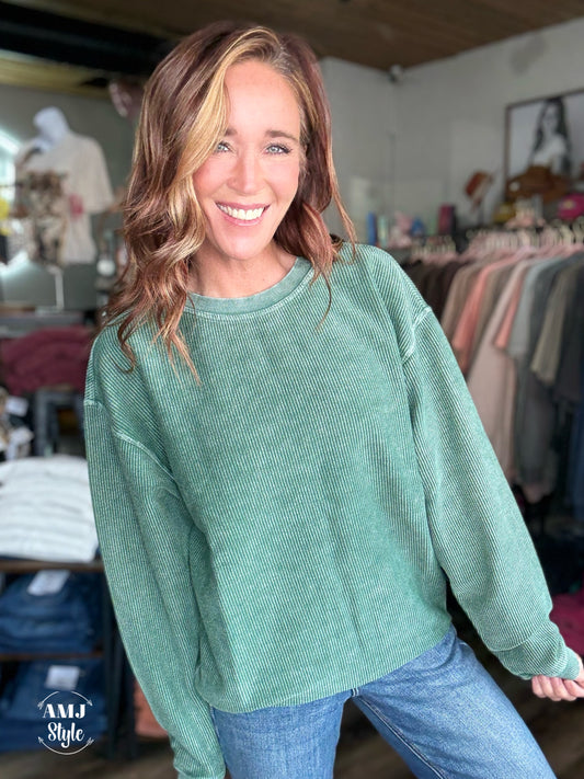 Luxe Corded Crew Sweatshirt - Olive Green