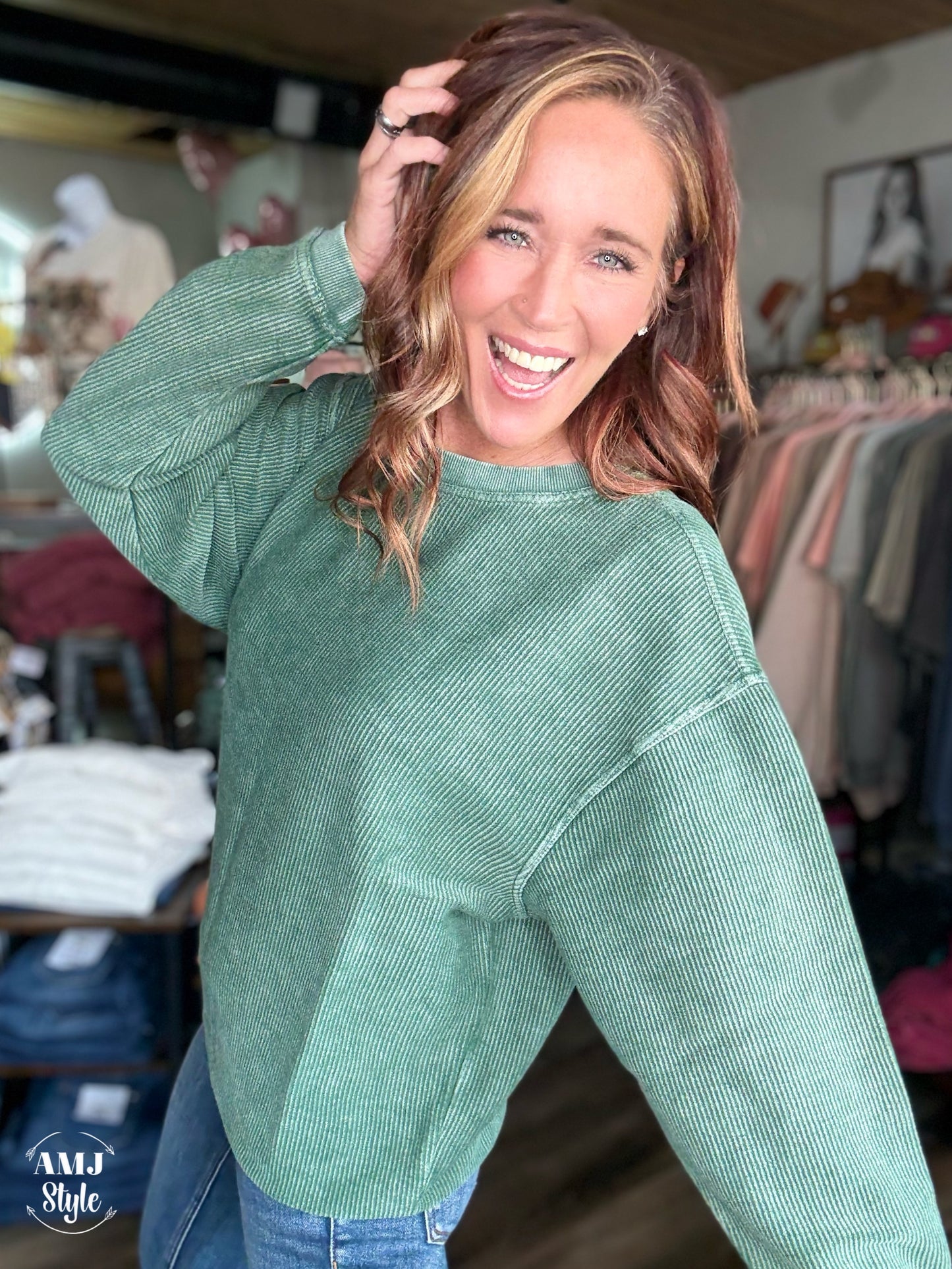 Luxe Corded Crew Sweatshirt - Olive Green