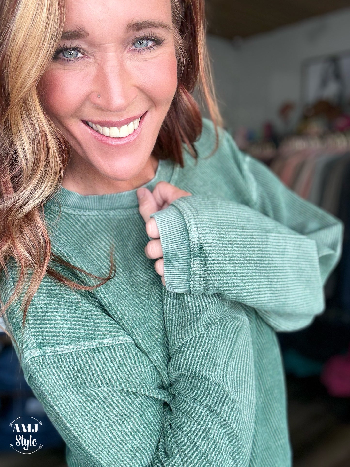 Luxe Corded Crew Sweatshirt - Olive Green