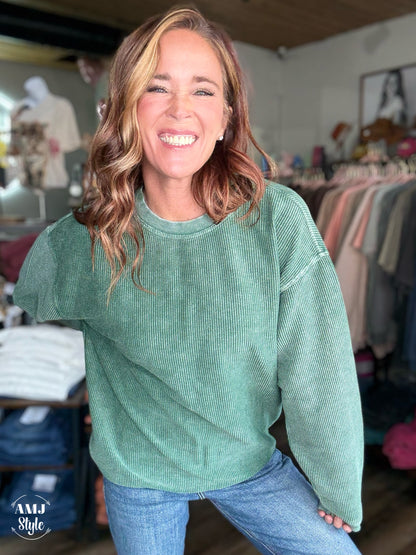 Luxe Corded Crew Sweatshirt - Olive Green