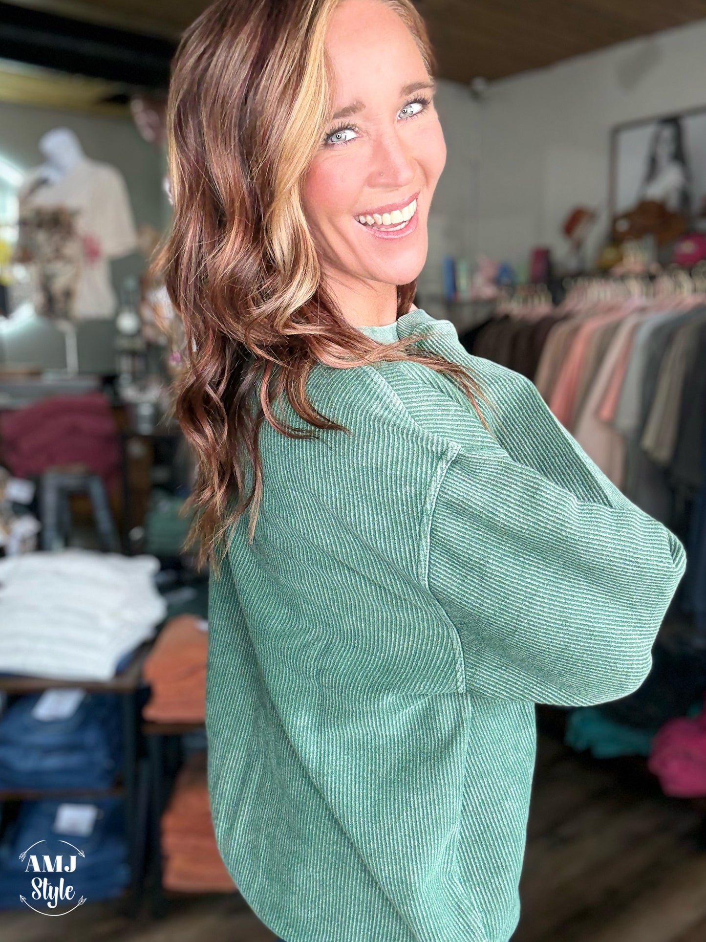 Luxe Corded Crew Sweatshirt - Olive Green