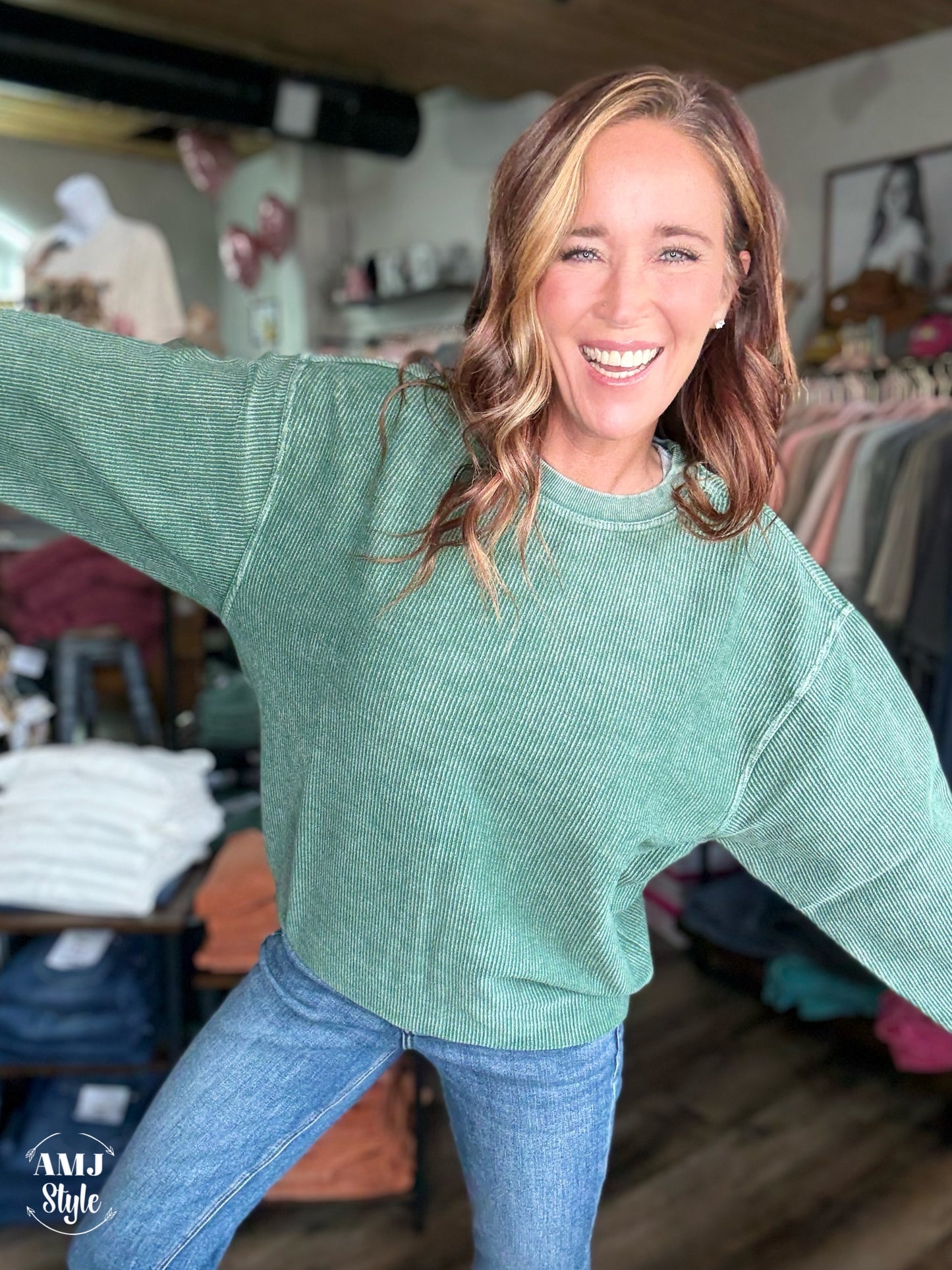 Luxe Corded Crew Sweatshirt - Olive Green