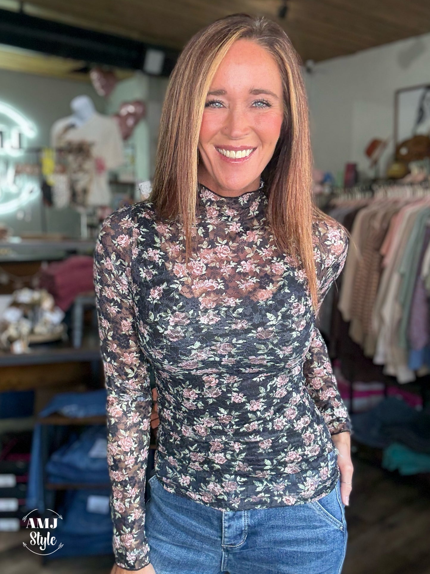 Whispering Blooms Top - Black Floral