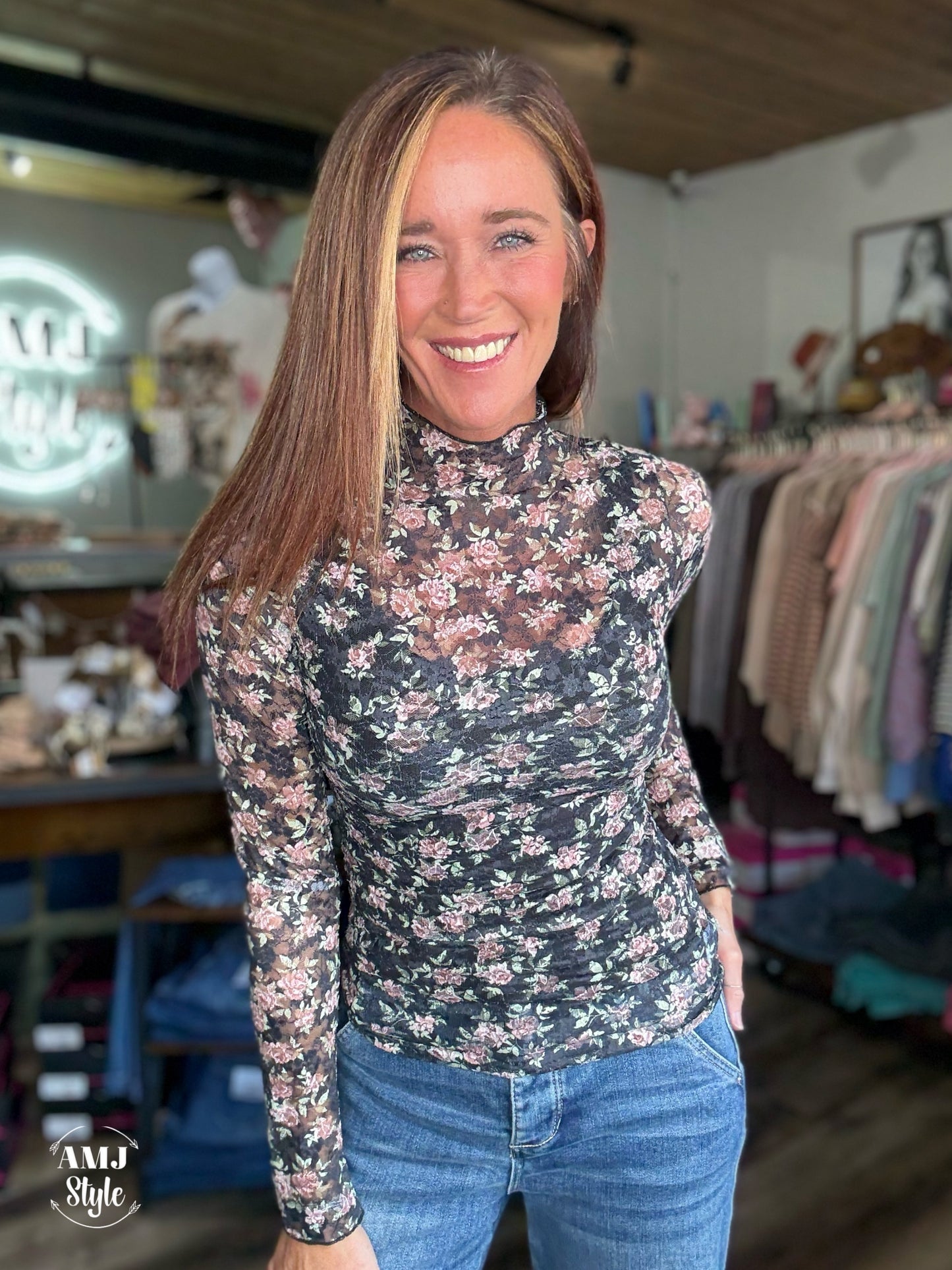Whispering Blooms Top - Black Floral