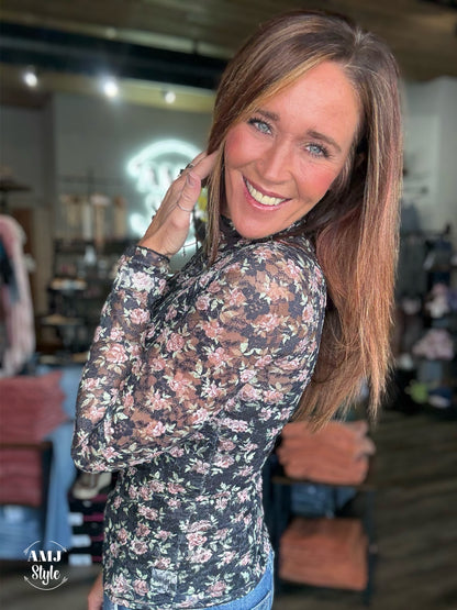 Whispering Blooms Top - Black Floral