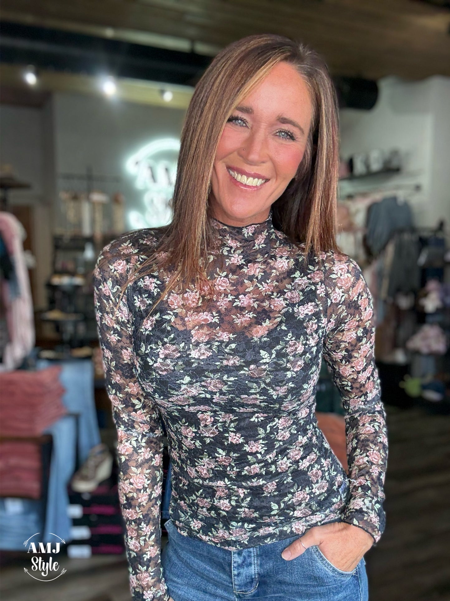 Whispering Blooms Top - Black Floral
