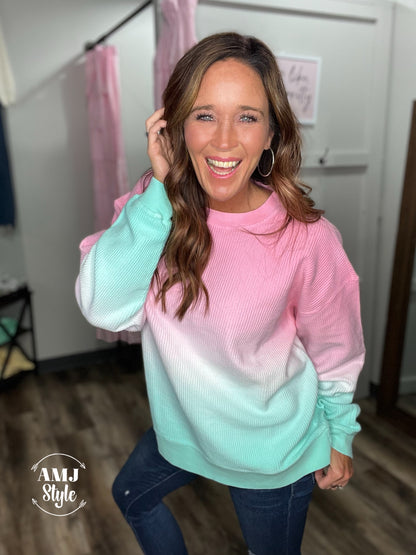 Luxe Ombre Corded Crew Sweatshirt - Pink/Mint