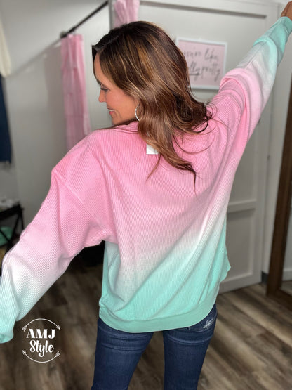 Luxe Ombre Corded Crew Sweatshirt - Pink/Mint