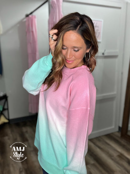 Luxe Ombre Corded Crew Sweatshirt - Pink/Mint