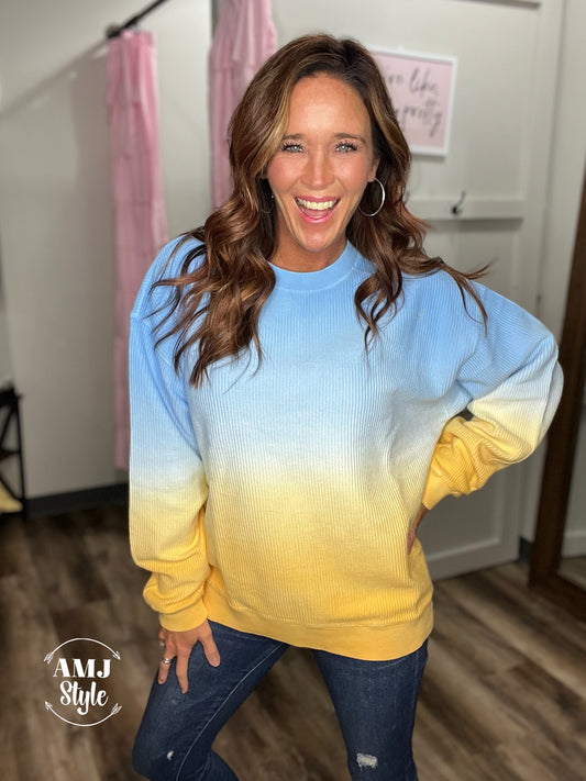 Luxe Ombre Corded Crew Sweatshirt - Blue/Yellow