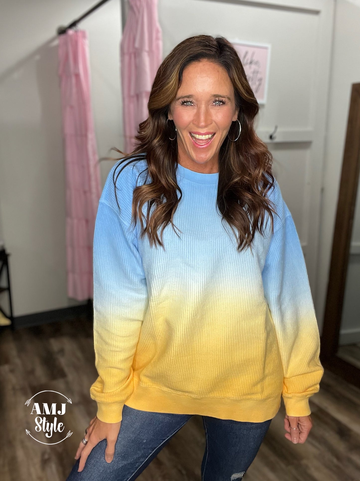 Luxe Ombre Corded Crew Sweatshirt - Blue/Yellow