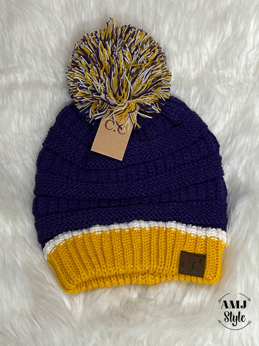 Purple/Yellow CC Pom Beanie