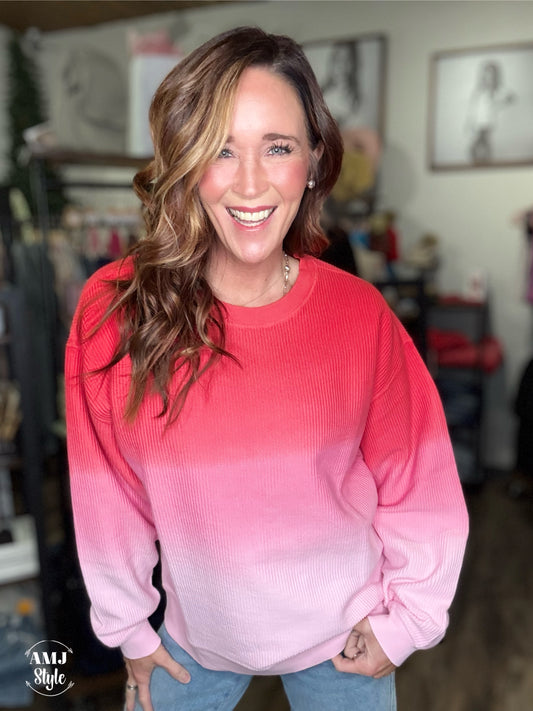 Luxe Ombre Corded Crew Sweatshirt - Red/Pink