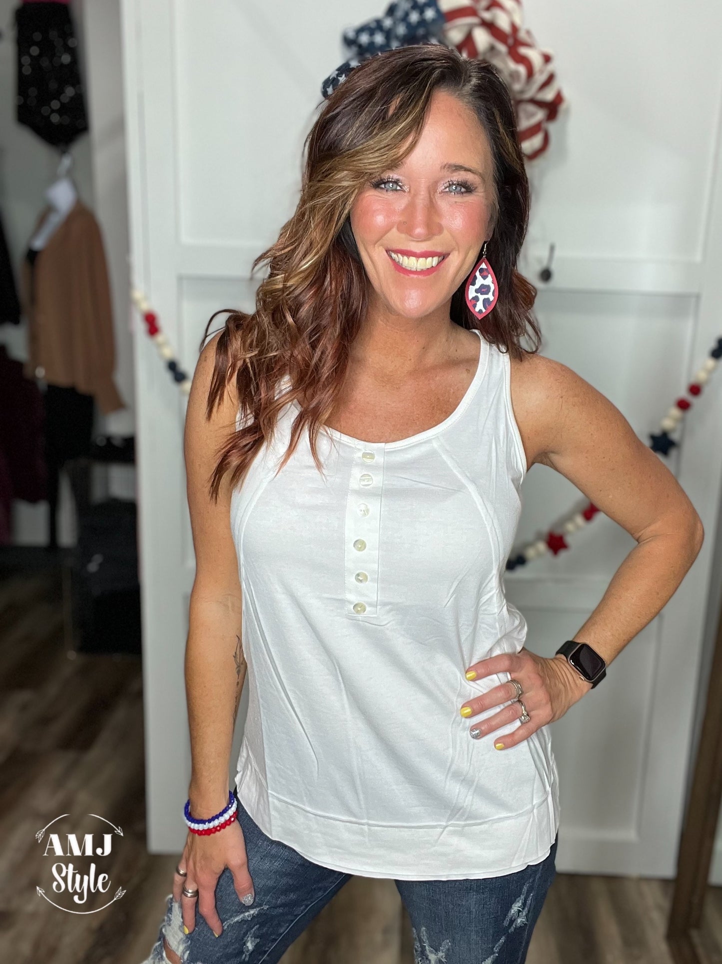 White Faux Button Tank