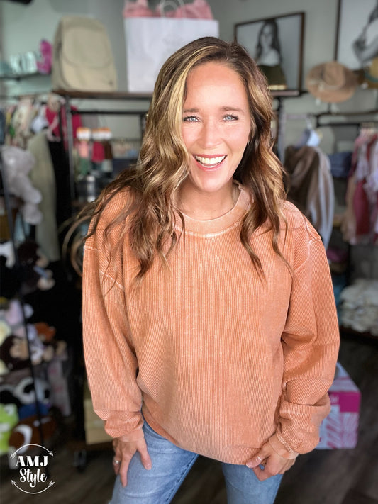 Luxe Corded Crew Sweatshirt - Burnt Orange