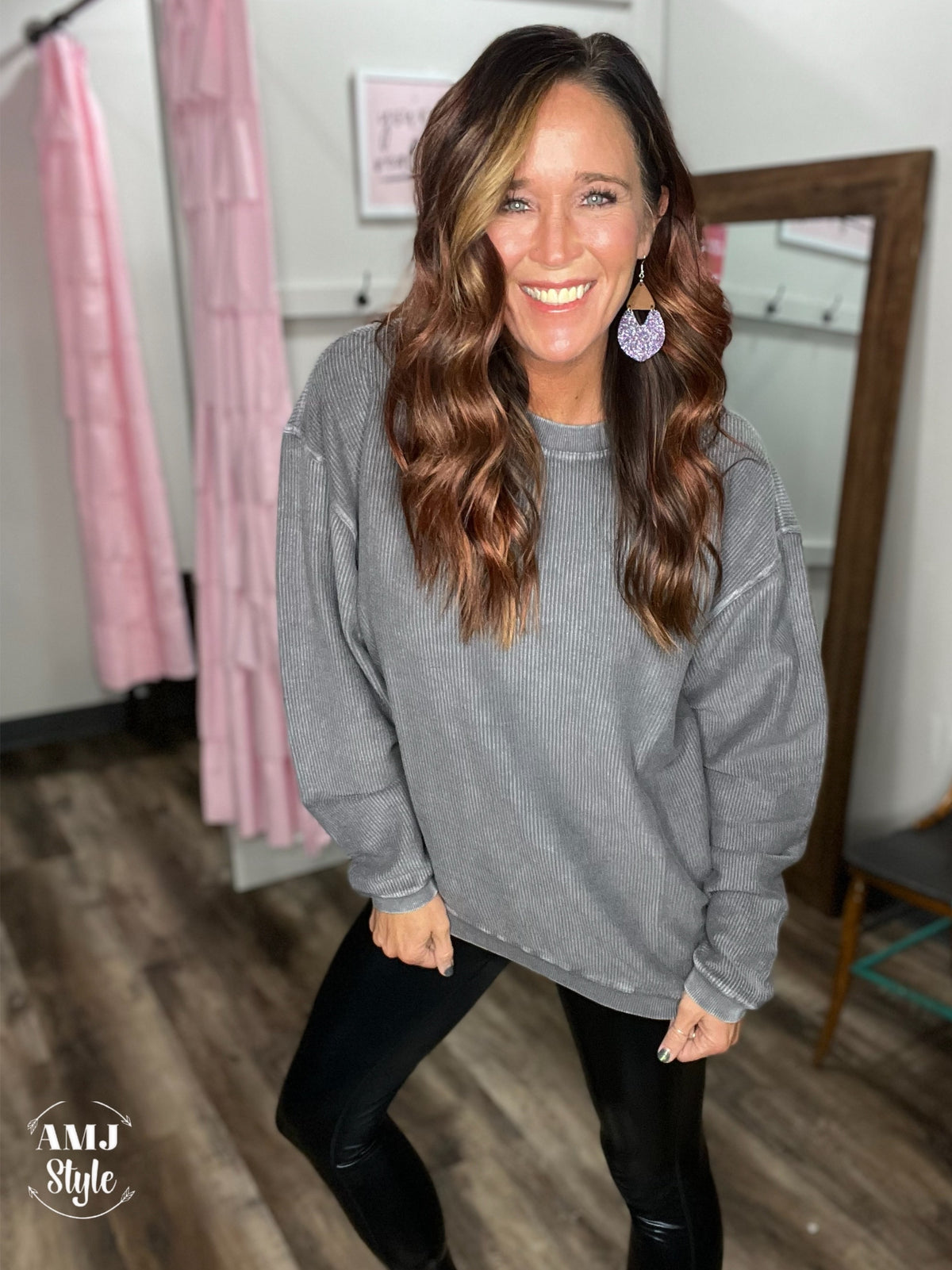Luxe Corded Crew Sweatshirt - Charcoal