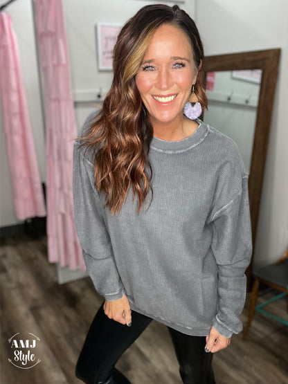 Luxe Corded Crew Sweatshirt - Charcoal