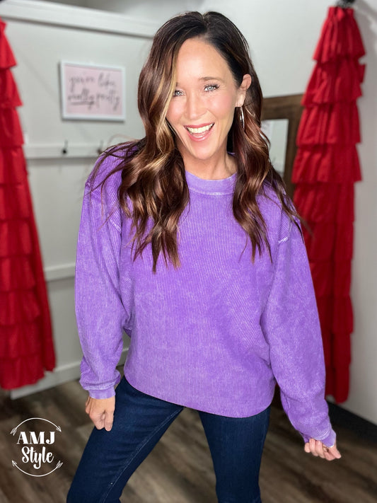 Luxe Corded Crew Sweatshirt - Deep Purple