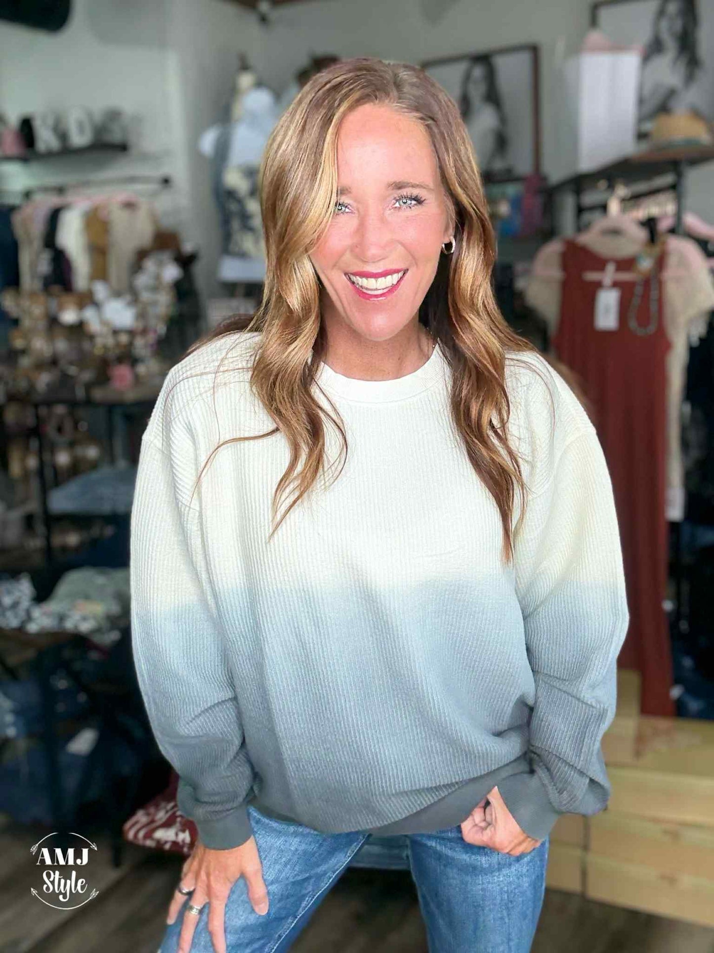 Luxe Ombre Corded Crew Sweatshirt - Ivory/Black