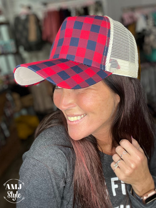 Buffalo Plaid Pony Tail Hat