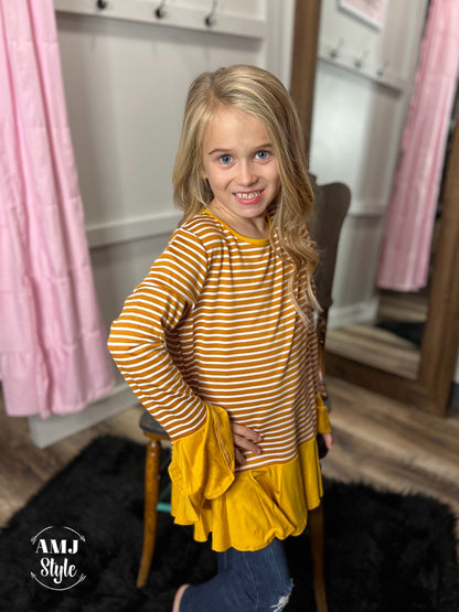 Bell Sleeve Striped Kiddo Top - Mustard