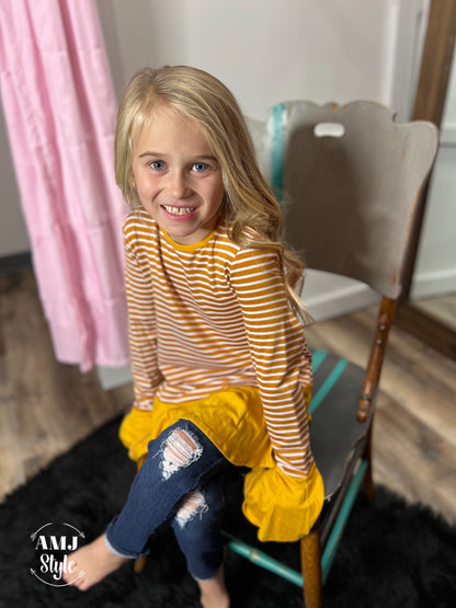 Bell Sleeve Striped Kiddo Top - Mustard