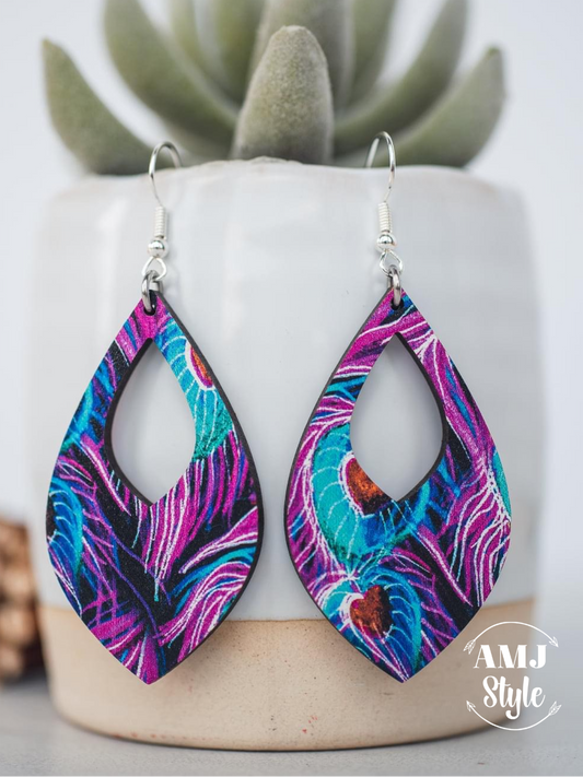 Purple Peacock Wood Earrings