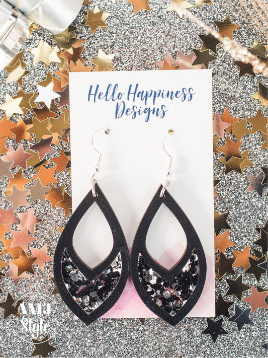 Black & Silver Chunky Glitter Cutout Inset Dangles