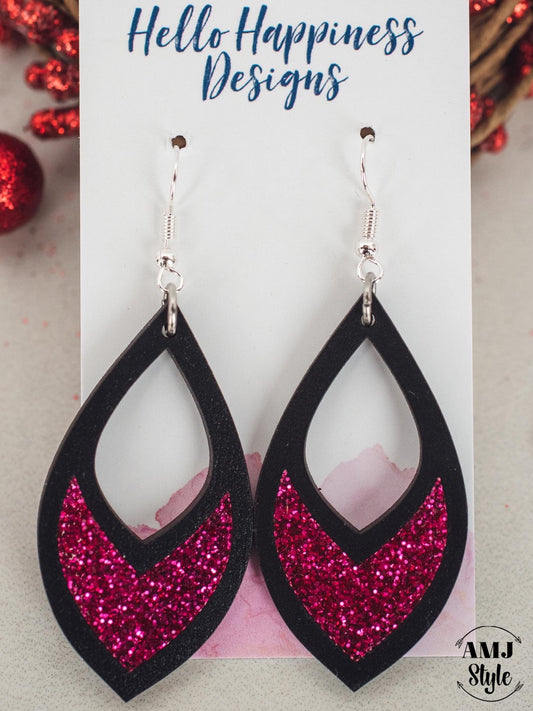 Dark Pink Glitter Cutout Teardrop Inset Dangles